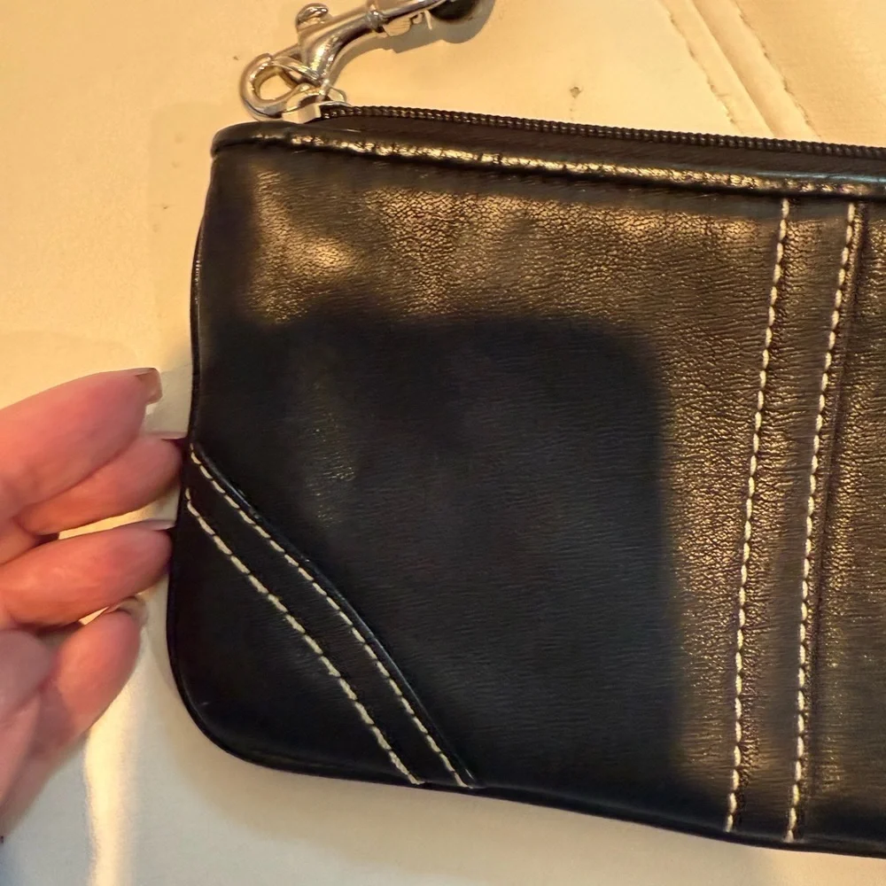 Coach Black Leather Wristlet with Contrast Stitching